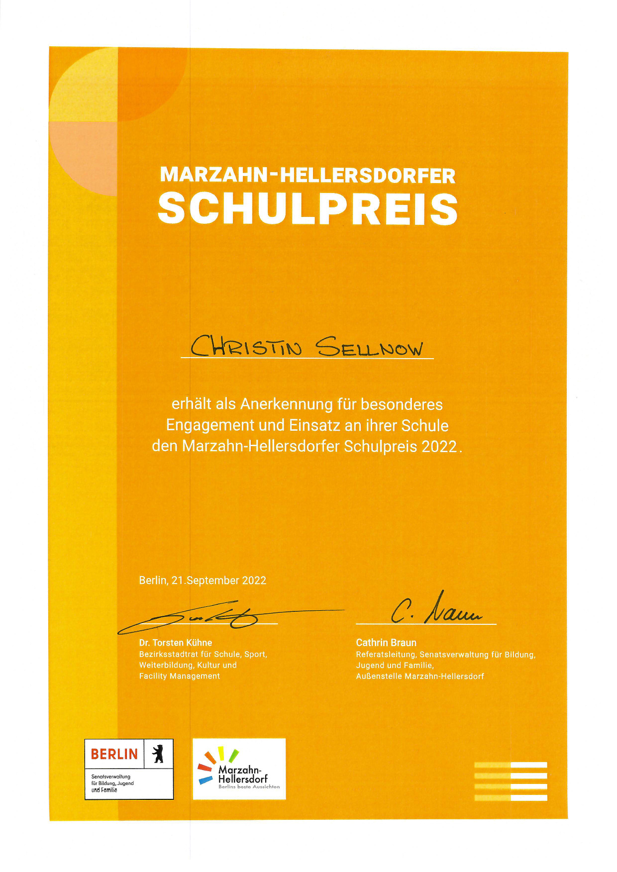 Marzahn-Hellersdorfer Schulpreis 2022 geht an …